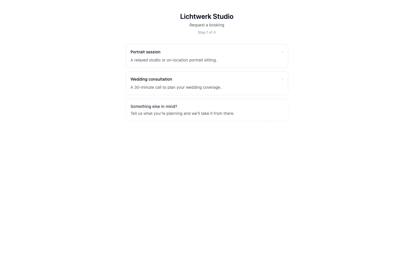 The public booking page, as a prospective client sees it.