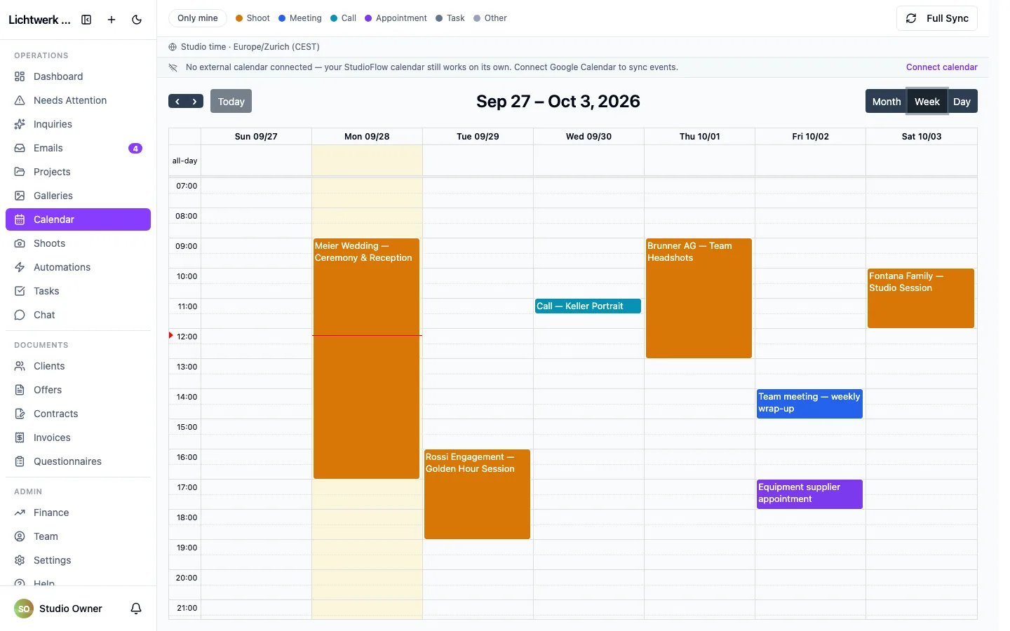 The week view, with shoots and other calendar entries side by side.