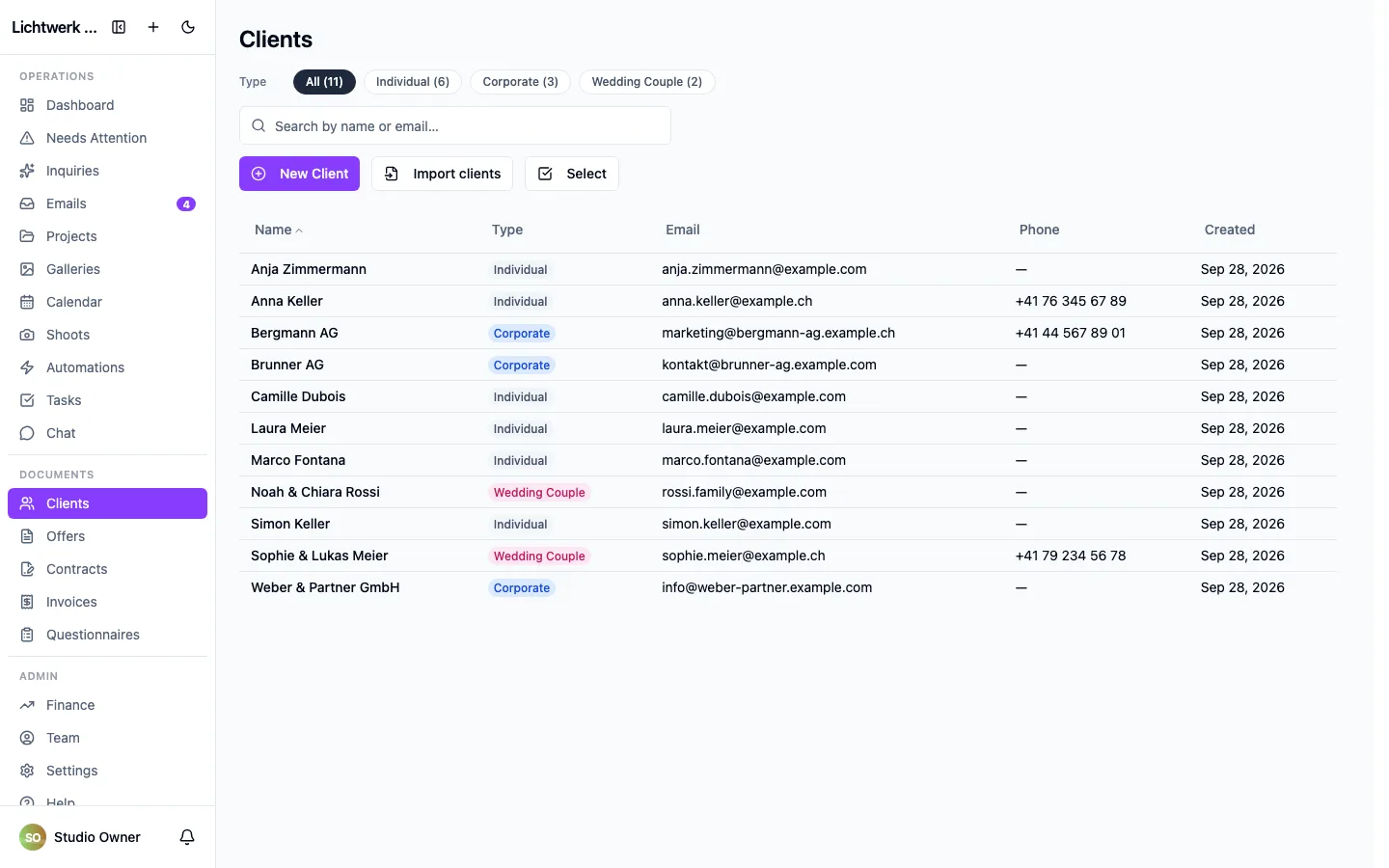 The client list, with individuals, couples and companies side by side.