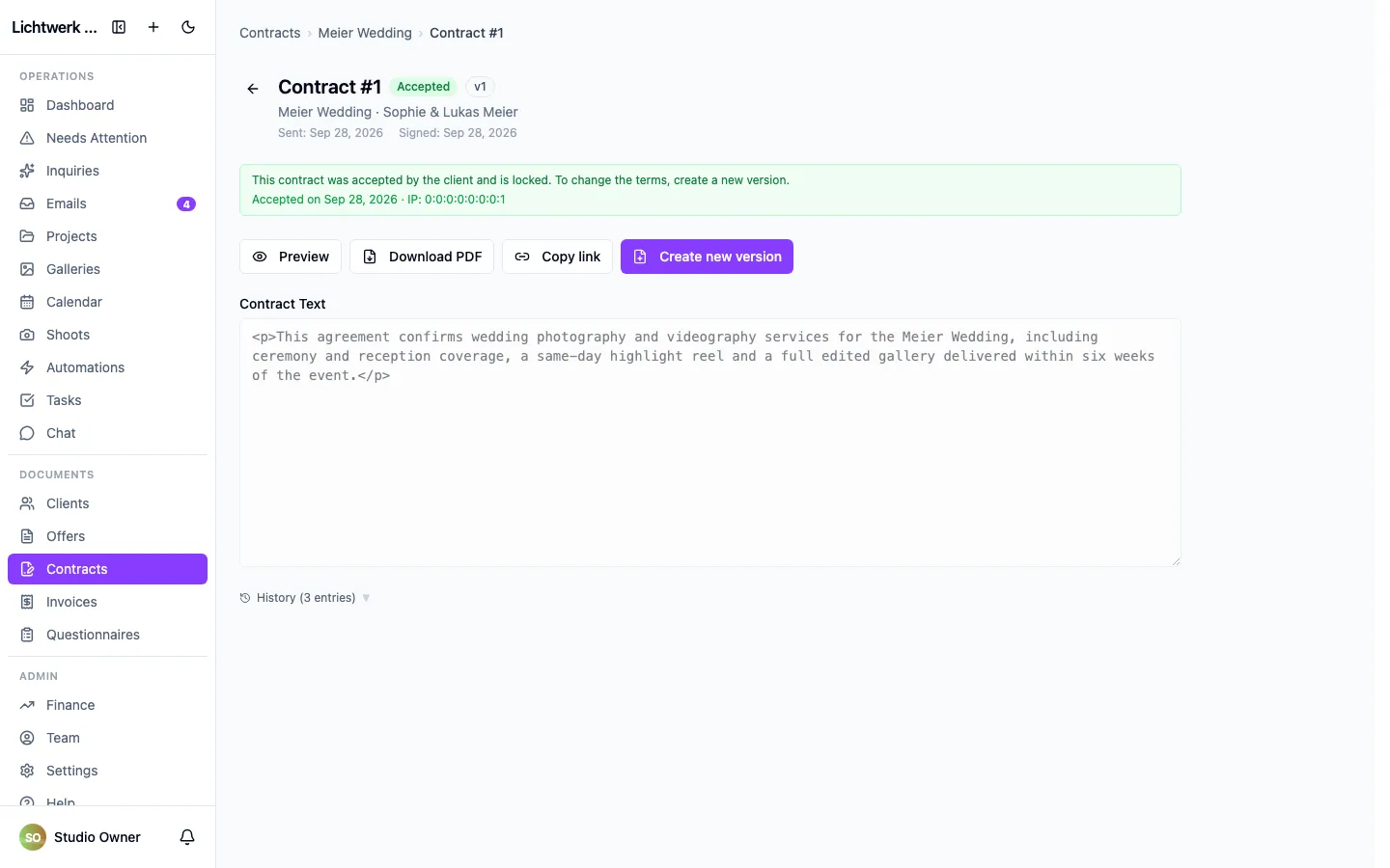 An accepted contract, with the client's acceptance recorded.