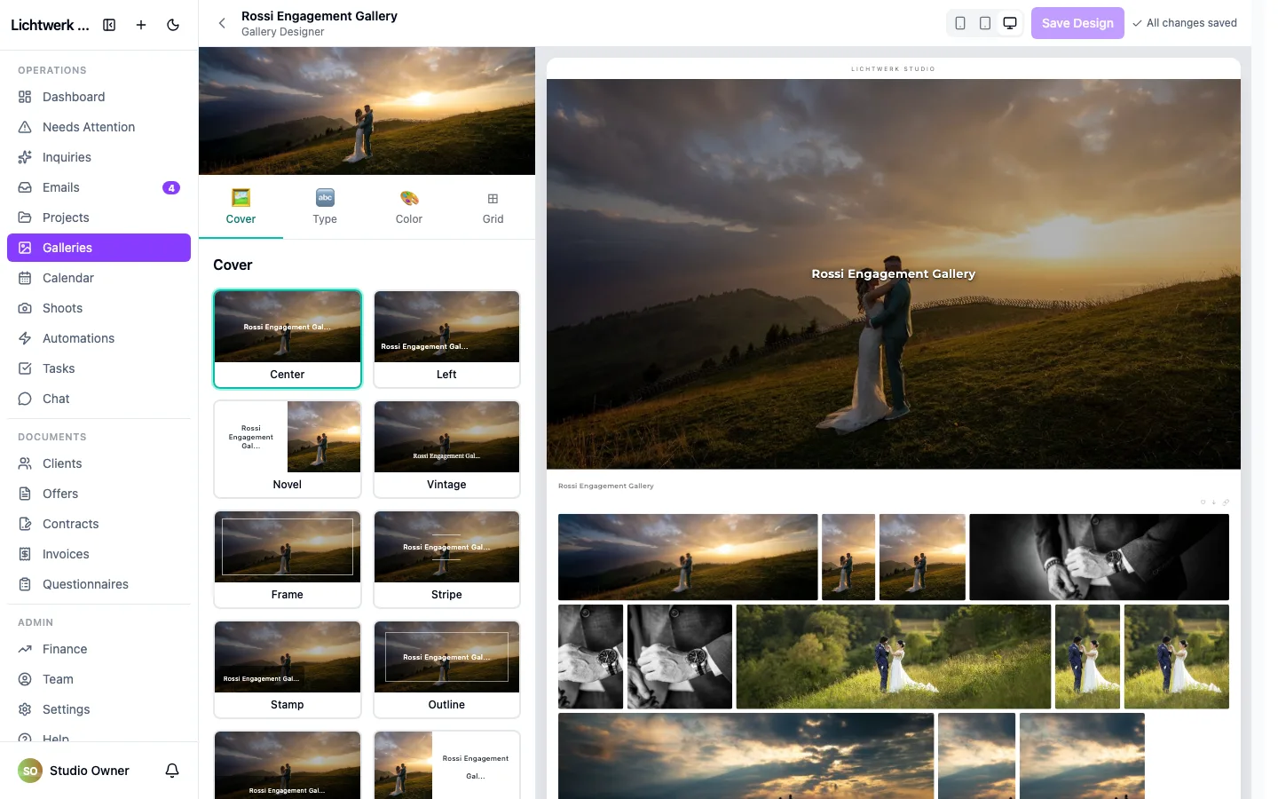 The Gallery Designer, with cover, type, color and grid options.