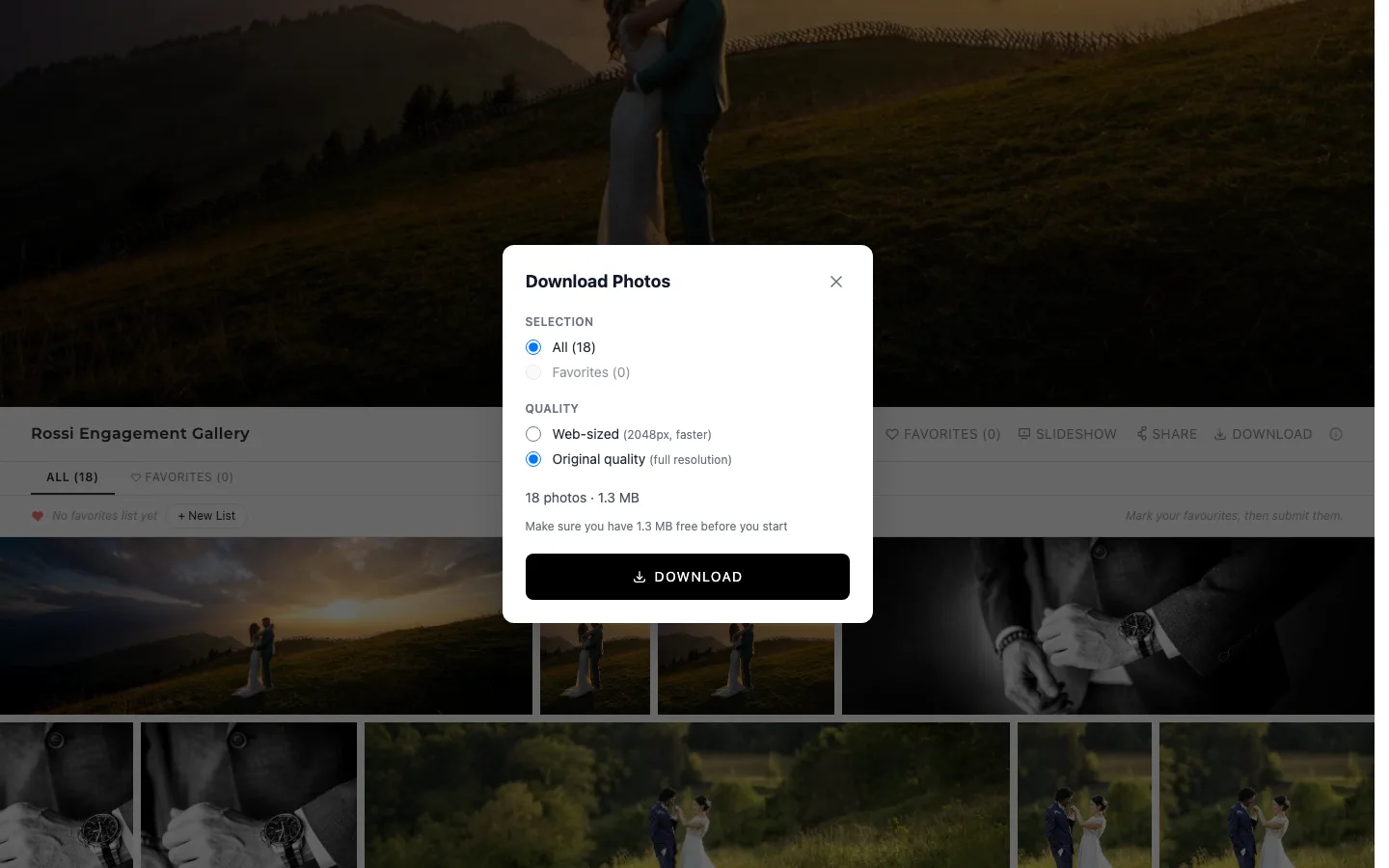 What your client sees on Download: all photos or a favourites list, web-sized or original quality.