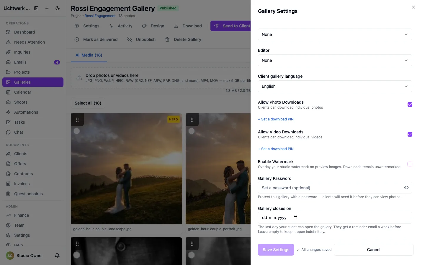 Gallery settings, including the watermark option.