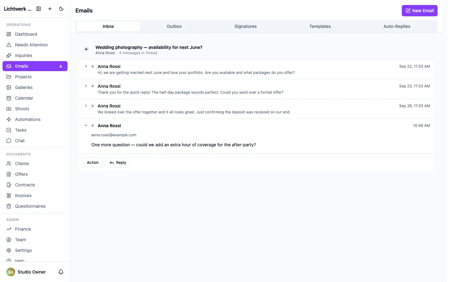 An email thread open in the inbox, with the client's messages in order.