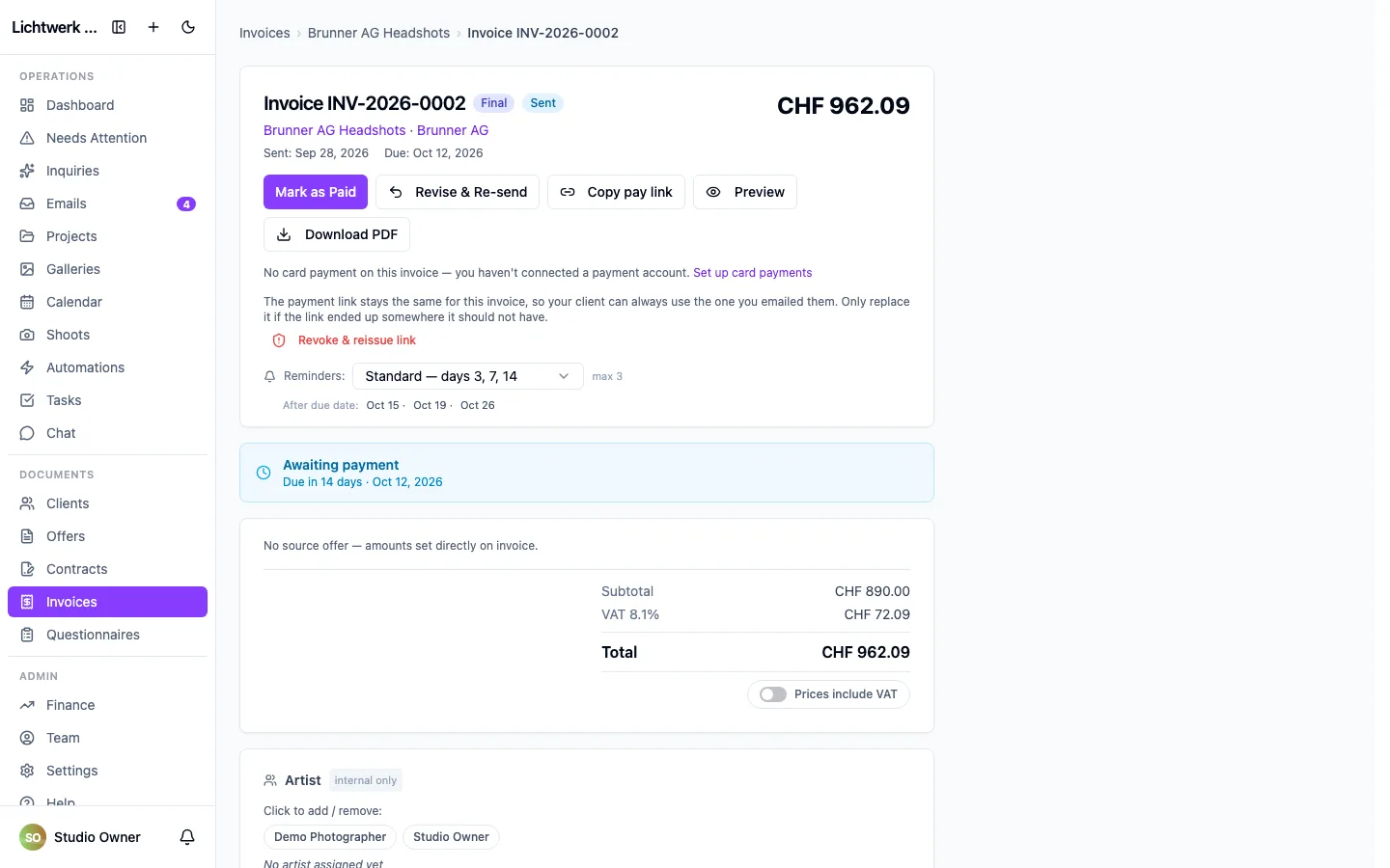 A sent invoice: its payment link, reminder schedule and totals.