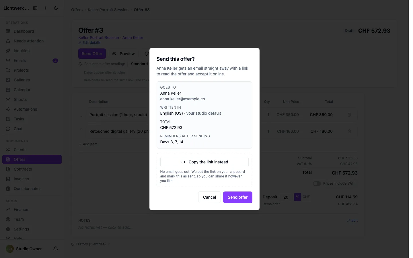 Sending an offer to a client.