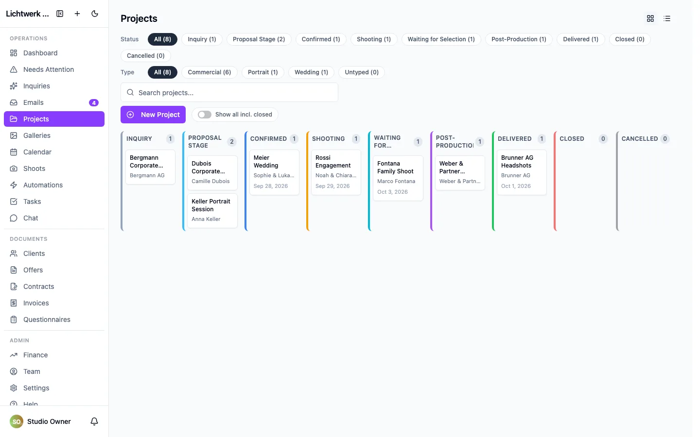 The projects board, with cards across the status columns.