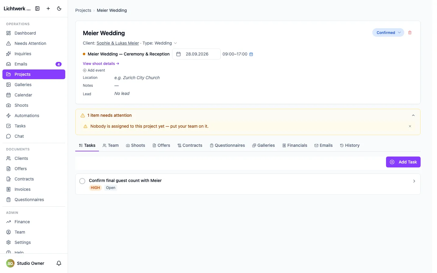 A project detail page, showing its documents, shoots and tasks in one place.