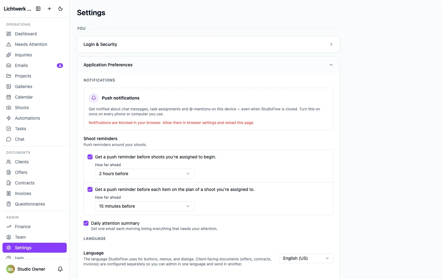 Application preferences, including the language picker.