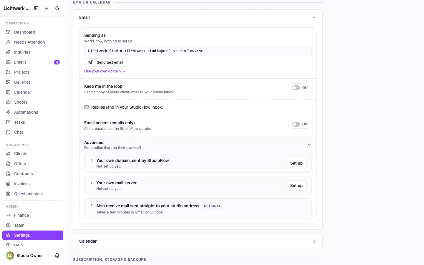 Advanced opened, with the own-domain, own-mail-server and forwarding blocks.