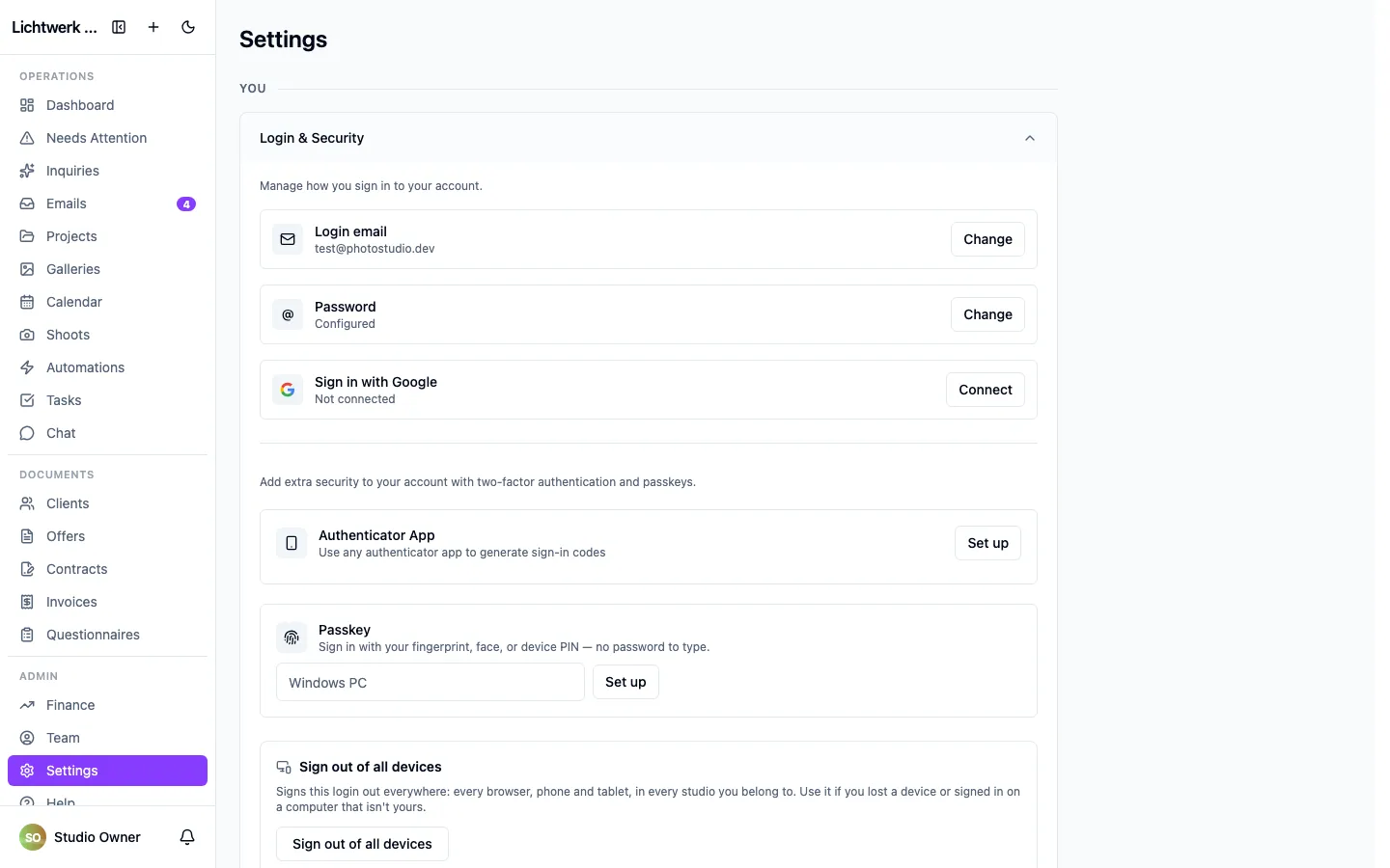 Login & Security, including Sign out of all devices.