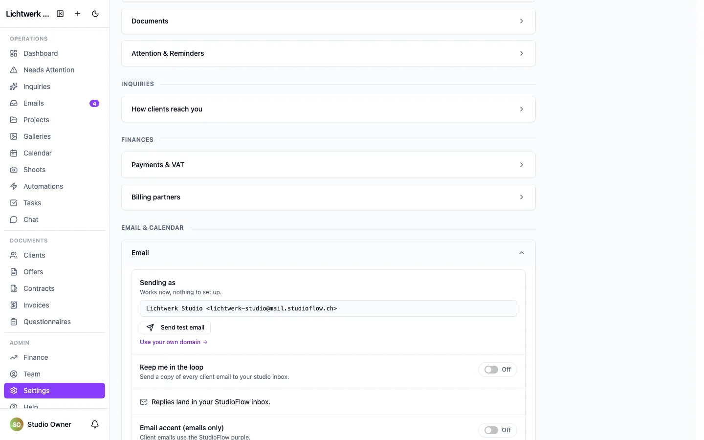 The Email section, showing which address the studio sends and receives from.