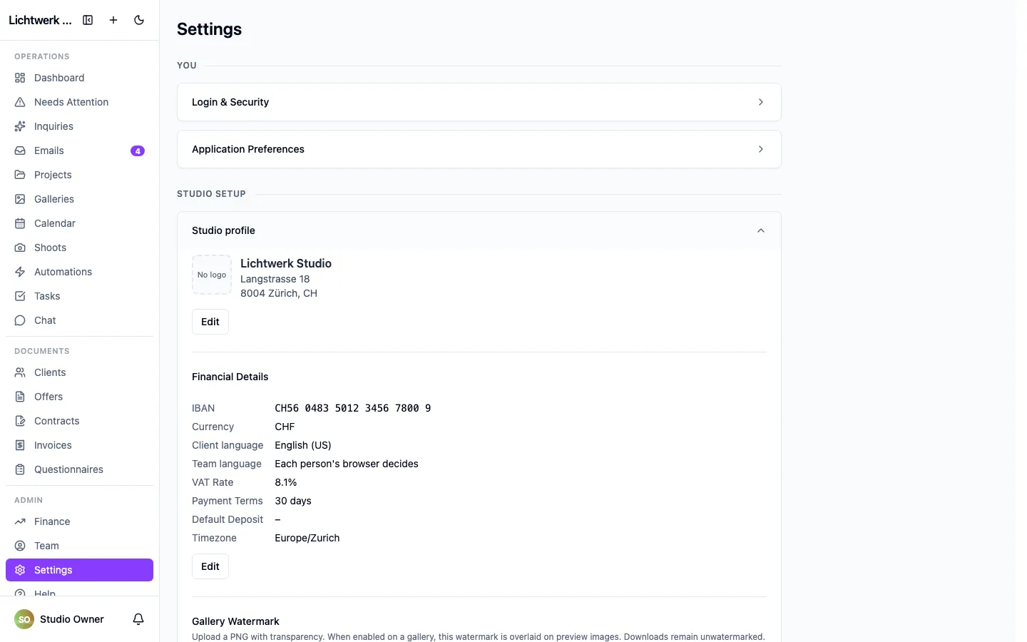 The studio profile section, with logo, branding and quick links.