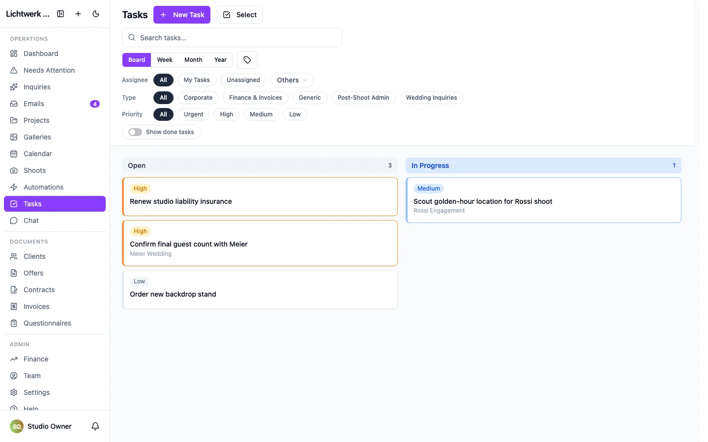 The tasks board, with studio and project-linked tasks side by side.