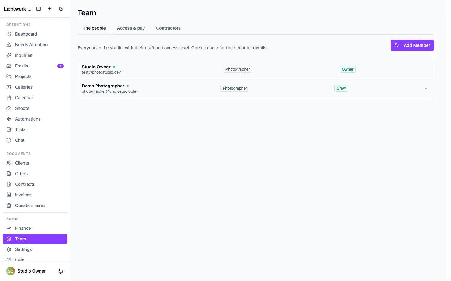 The team page, with roles and craft tags for each member.